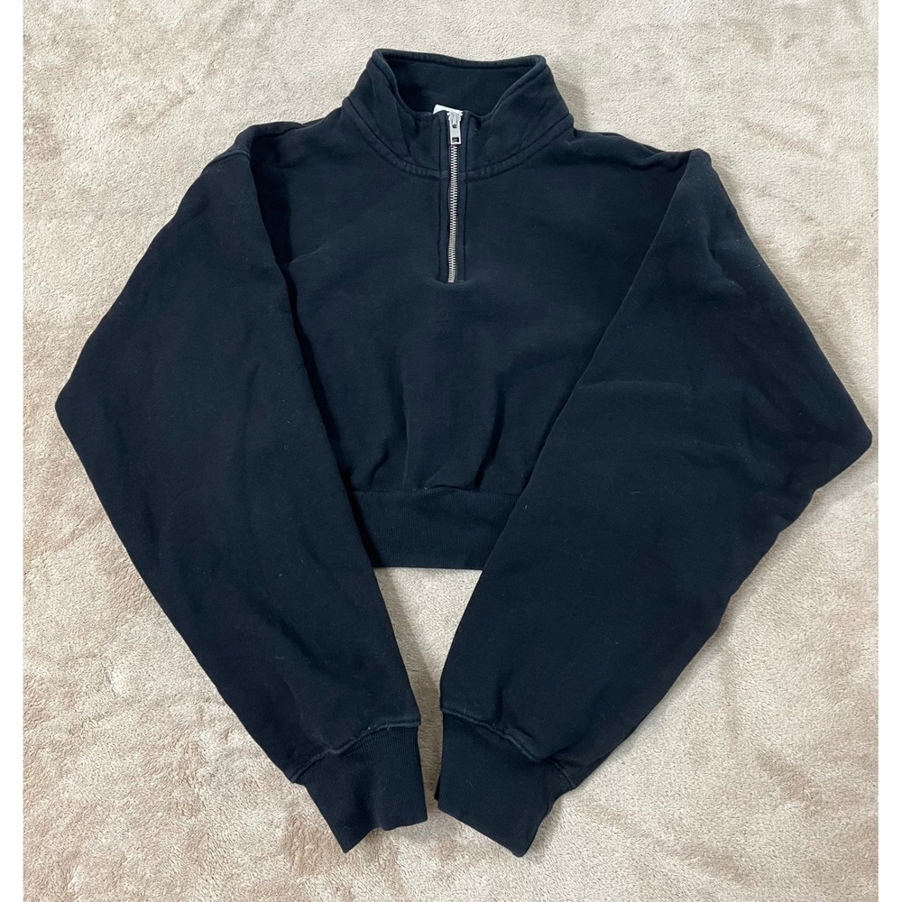 Aritzia TNA Cozy Fleece Perfect 1/4 Zip Sweatshirt Women M Black Cropped L/S EUC